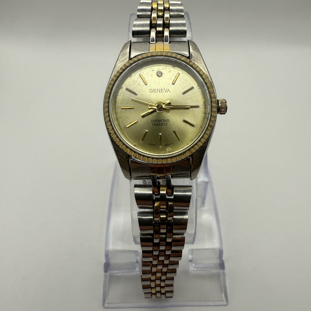Geneva Women’s Watch Silver Gold Band (Needs Battery) Stainless Steel Gold Bezel